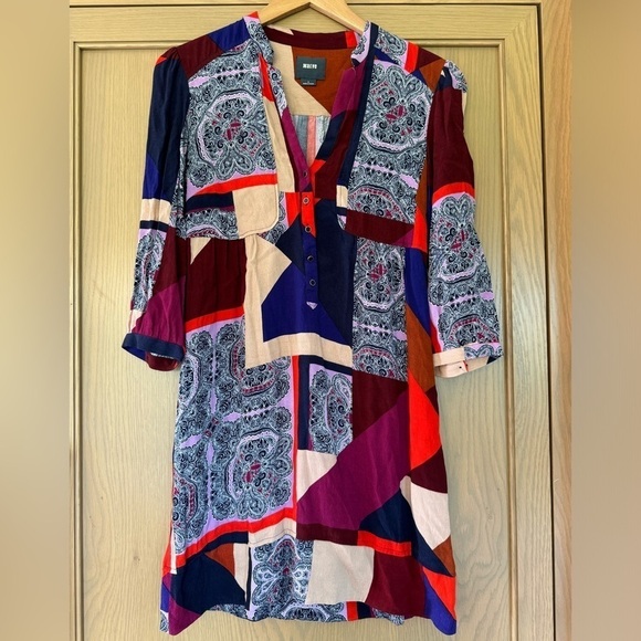 Anthropologie Maeve Mixed Pattern Button Front Dress / Quarter Sleeve / size 4 - Picture 1 of 10